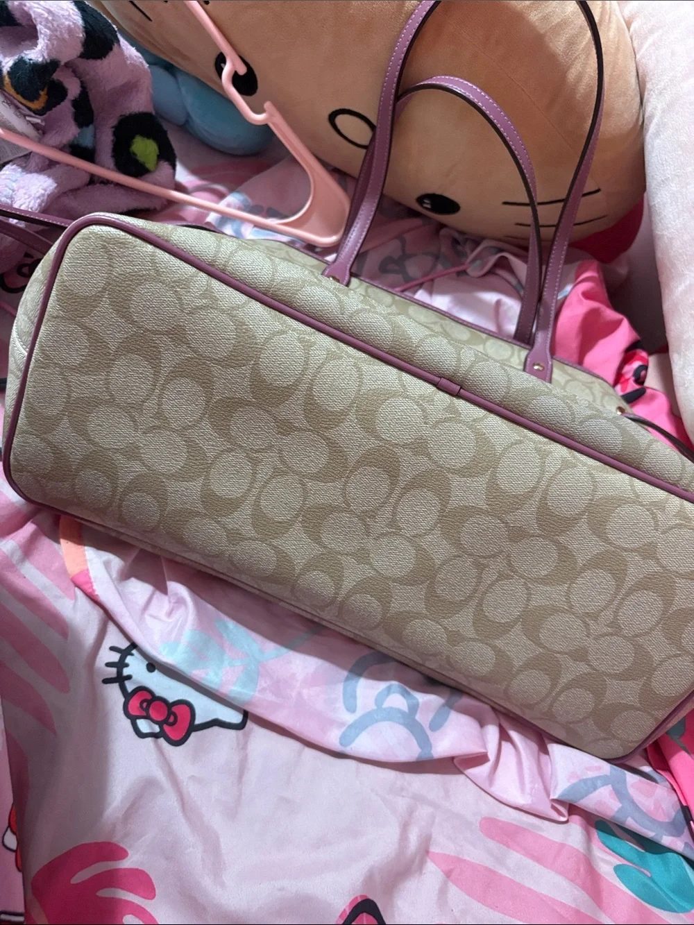 Coach Beige Signature Canvas Tote with Mauve Trim